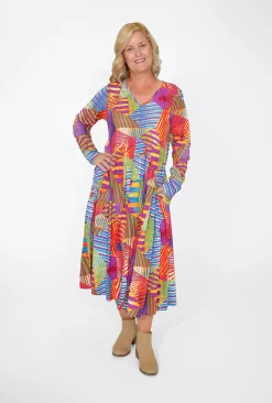 Orientique Kelsey Midi Peak Dress in Abstract- Long Sleeved Dresses | Organic Cotton Clothing