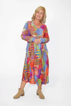 Orientique Kelsey Midi Peak Dress in Abstract- Long Sleeved Dresses | Organic Cotton Clothing