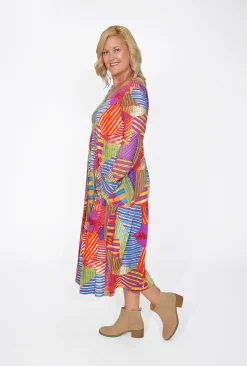 Orientique Kelsey Midi Peak Dress in Abstract- Long Sleeved Dresses | Organic Cotton Clothing