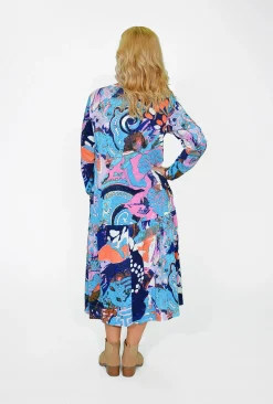 Orientique Kelsey Midi Peak Dress in Abstract- Long Sleeved Dresses | Organic Cotton Clothing