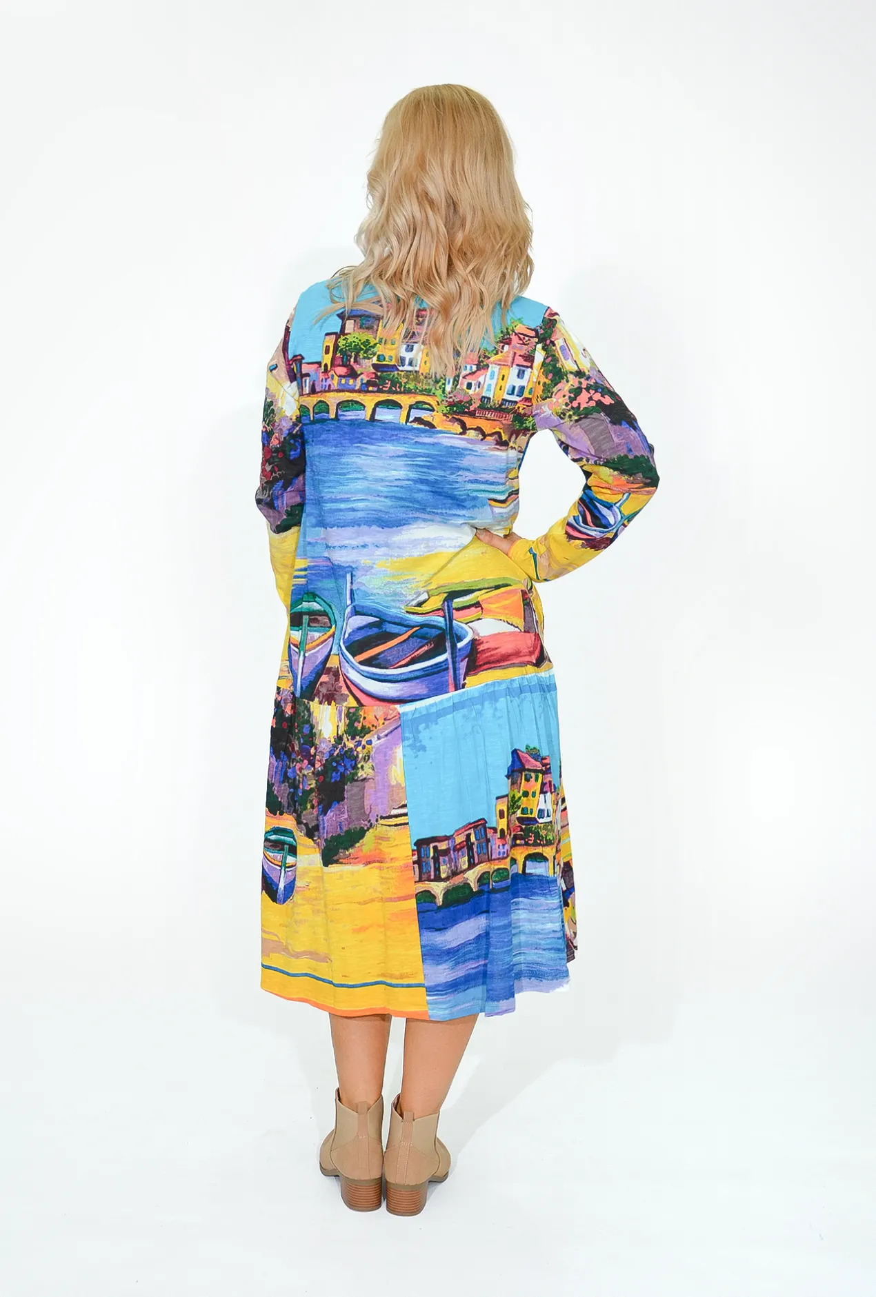 Orientique Kelsey Midi Peak Dress in Boats- Long Sleeved Dresses | Organic Cotton Clothing