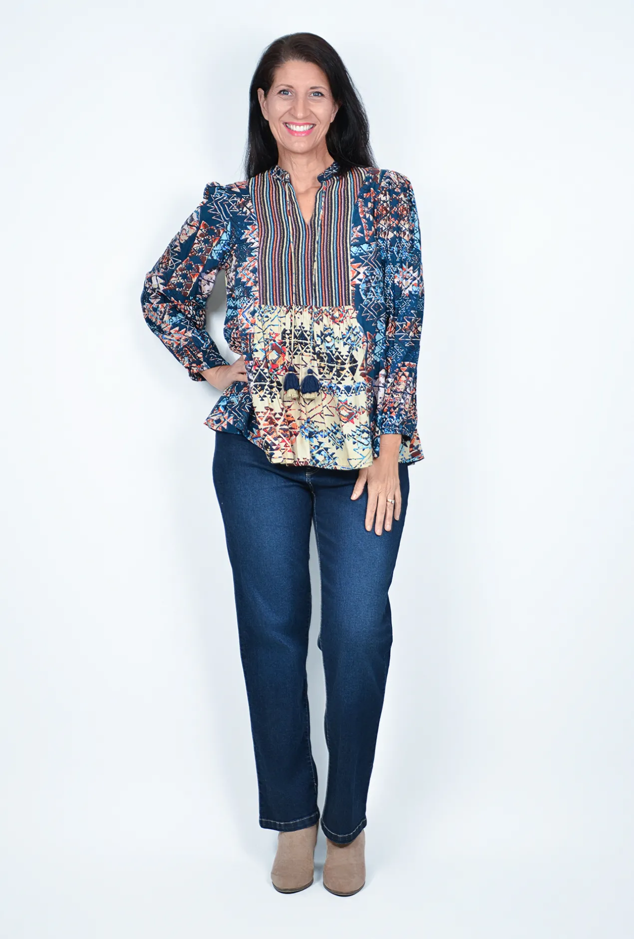 Orientique Kiara Puff Long Sleeve Blouse in Blue Multi- Long Sleeved Tops
