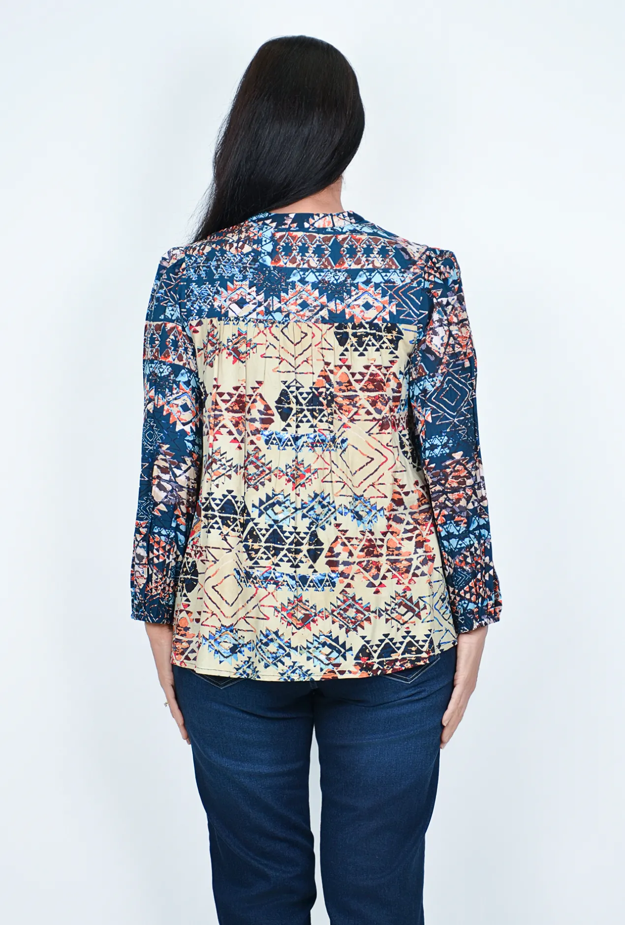 Orientique Kiara Puff Long Sleeve Blouse in Blue Multi- Long Sleeved Tops