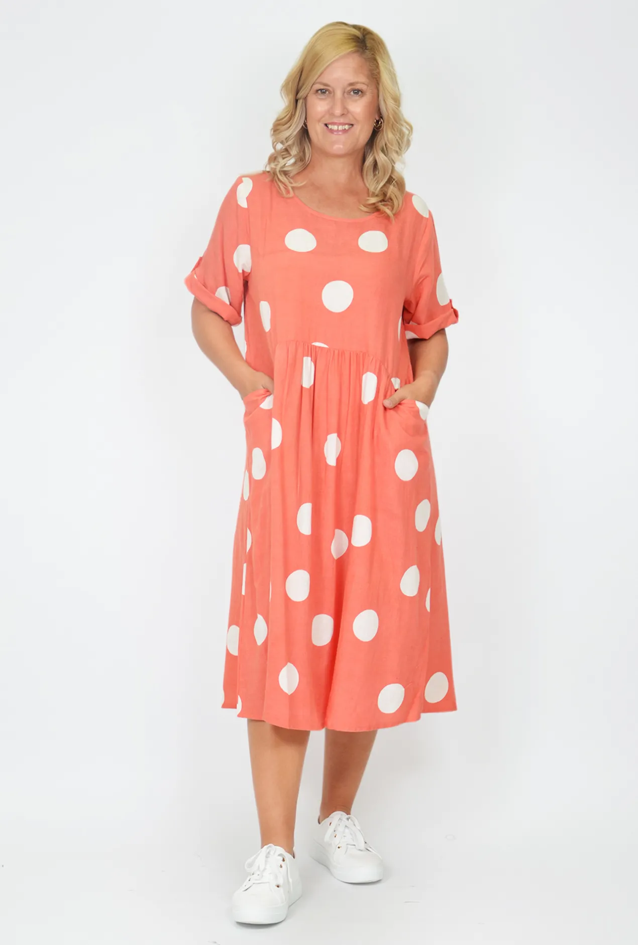 One Summer Kimmy Spot Smock Pocket Midi Dress in- Cotton Dresses | Organic Cotton Clothing