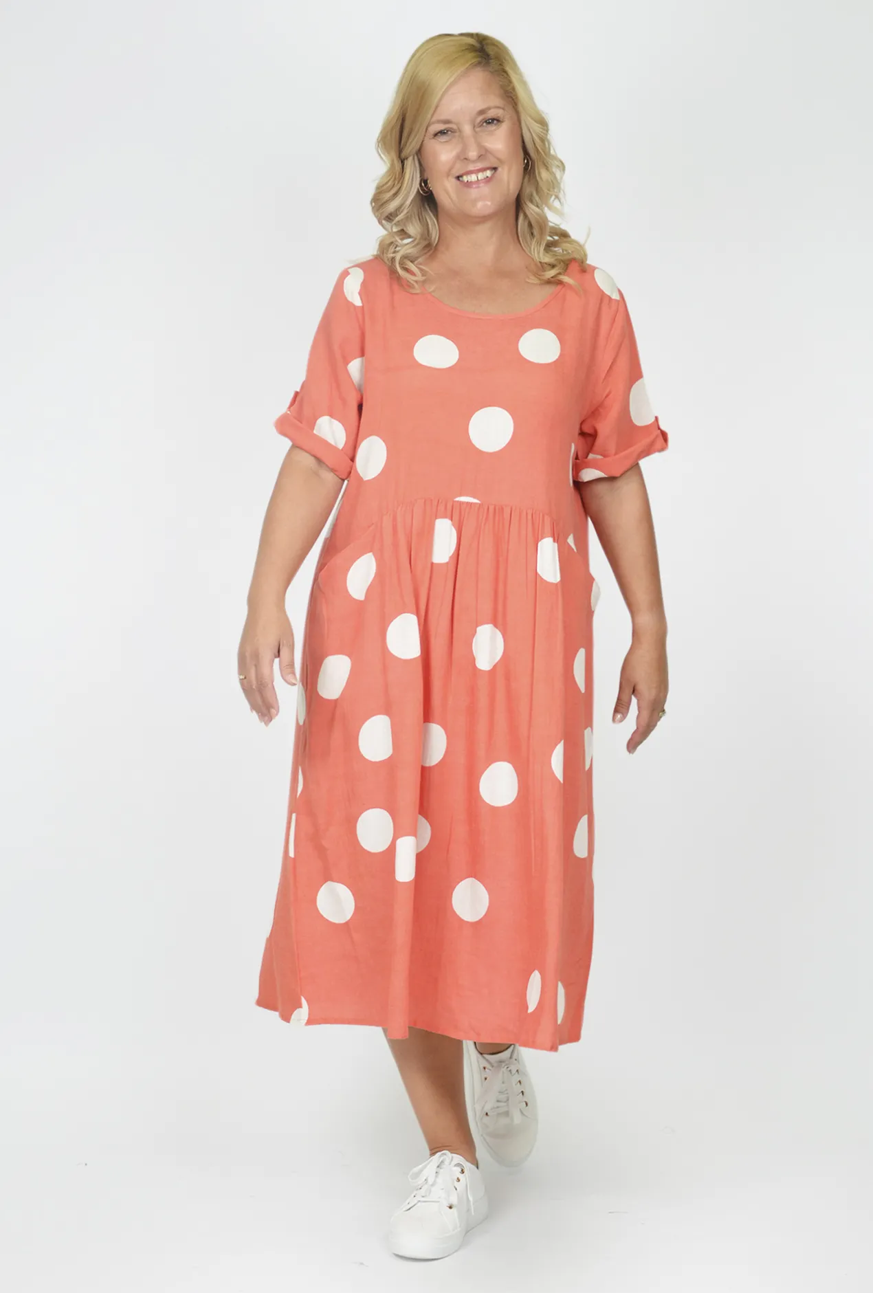 One Summer Kimmy Spot Smock Pocket Midi Dress in- Cotton Dresses | Organic Cotton Clothing