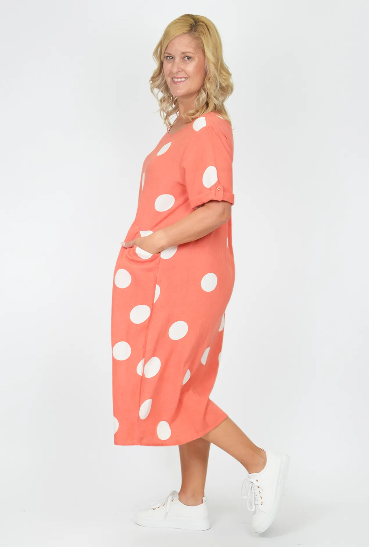 One Summer Kimmy Spot Smock Pocket Midi Dress in- Cotton Dresses | Organic Cotton Clothing
