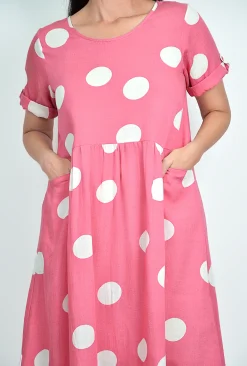 One Summer Kimmy Spot Smock Pocket Midi Dress in Pink- Knee Length Dresses | Midi Dresses