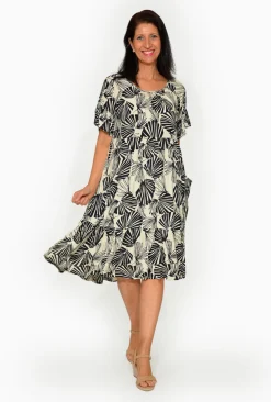 Orientique Kora Rayon Frill Short Sleeve Shift Dress in Black & White- Short Sleeved Dresses | Midi Dresses