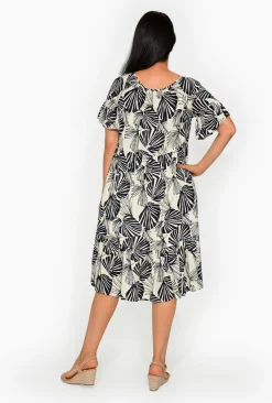 Orientique Kora Rayon Frill Short Sleeve Shift Dress in Black & White- Short Sleeved Dresses | Midi Dresses