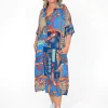 Orientique Kylie Rayon Short Sleeve Shirt Dresss in Blue Motifs- Midi Dresses | Long Dresses