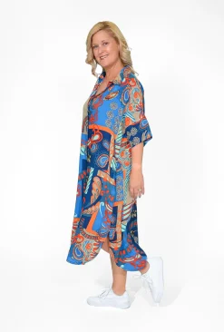 Orientique Kylie Rayon Short Sleeve Shirt Dresss in Blue Motifs- Midi Dresses | Long Dresses