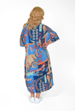 Orientique Kylie Rayon Short Sleeve Shirt Dresss in Blue Motifs- Midi Dresses | Long Dresses