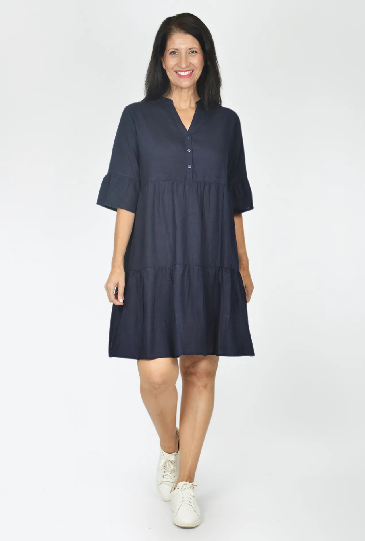 One Summer Laura V-Neck Layer Dress in Navy- Long Sleeved Dresses | Above Knee Dresses