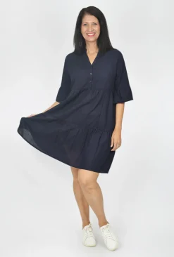 One Summer Laura V-Neck Layer Dress in Navy- Long Sleeved Dresses | Above Knee Dresses