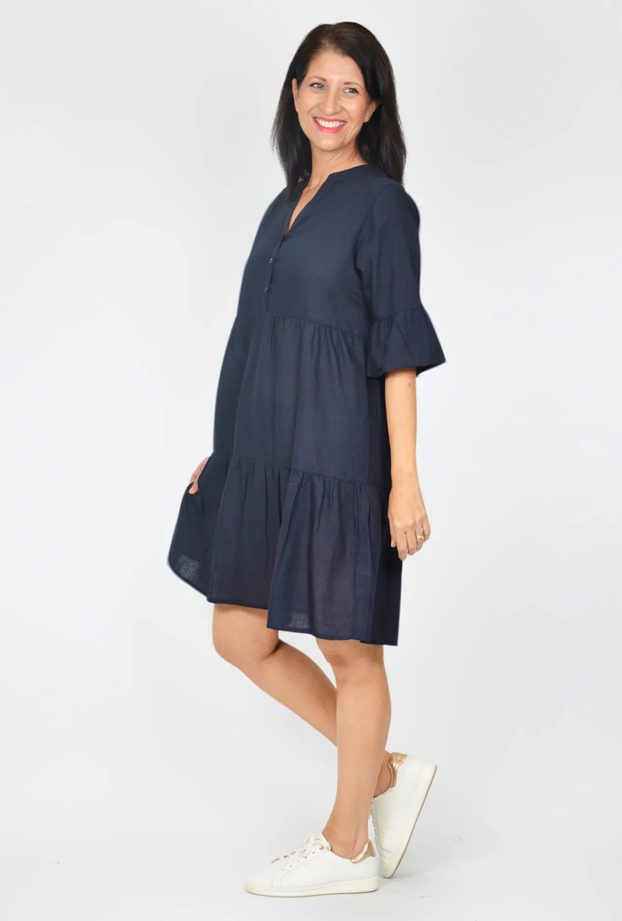 One Summer Laura V-Neck Layer Dress in Navy- Long Sleeved Dresses | Above Knee Dresses