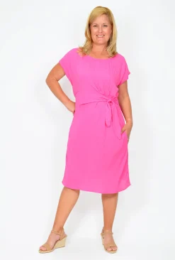 Willow Tree Layne Linen Side Tie Dress in Hot Pink- Knee Length Dresses | Short Sleeved Dresses