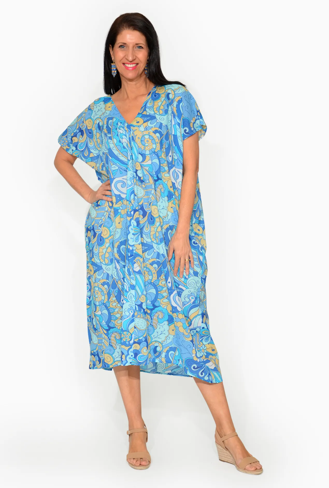 One Summer Leah Cotton Short Sleeve Kaftan in- Short Sleeved Dresses | Cotton Dresses