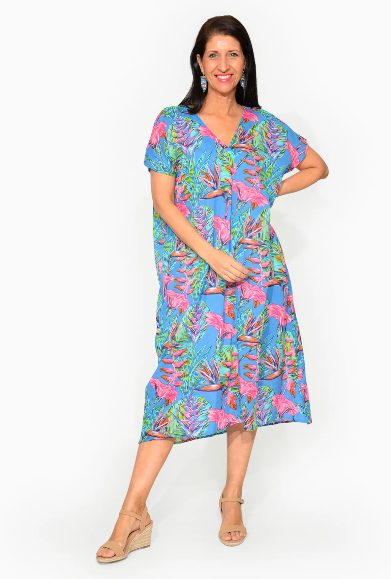 One Summer Leah Cotton Short Sleeve Kaftan in- Short Sleeved Dresses | Cotton Dresses