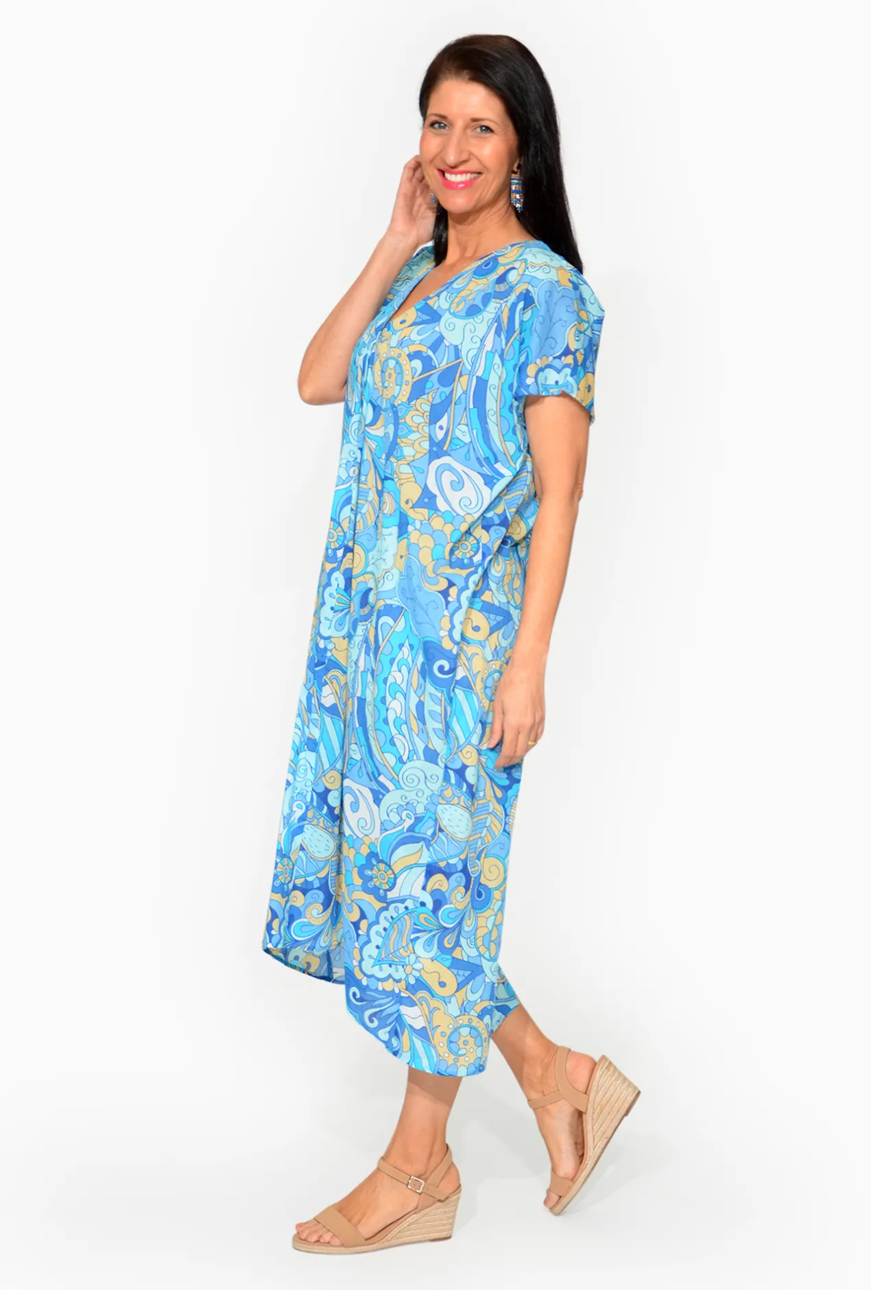 One Summer Leah Cotton Short Sleeve Kaftan in- Short Sleeved Dresses | Cotton Dresses