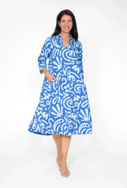 Orientique Leone Cotton 3/4 Sleeve Collar Dress in Blue- Cotton Dresses | Organic Cotton Clothing