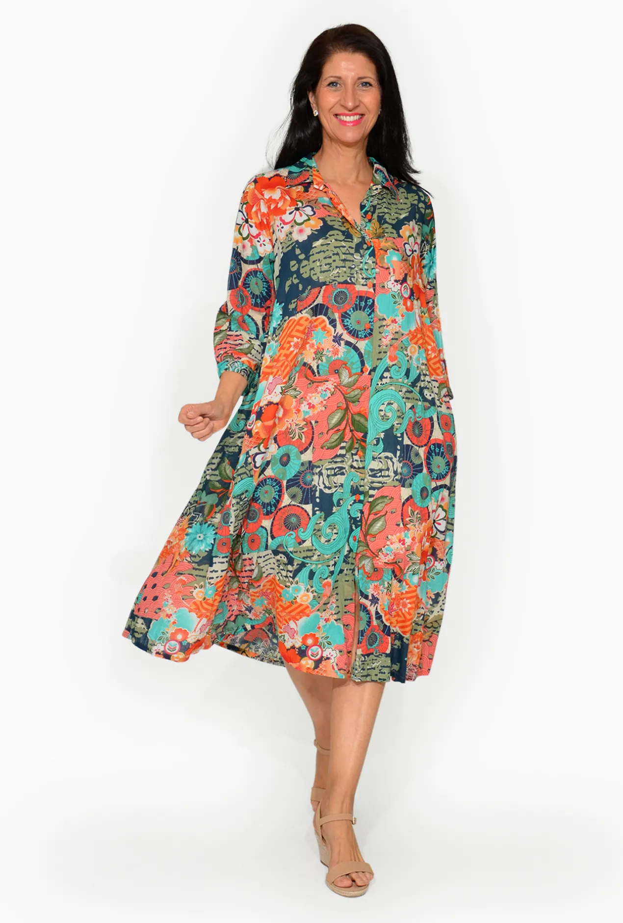 Orientique Leone Cotton 3/4 Sleeve Collar Dress in Blue Multi- Organic Cotton Clothing | Sleeved Dress