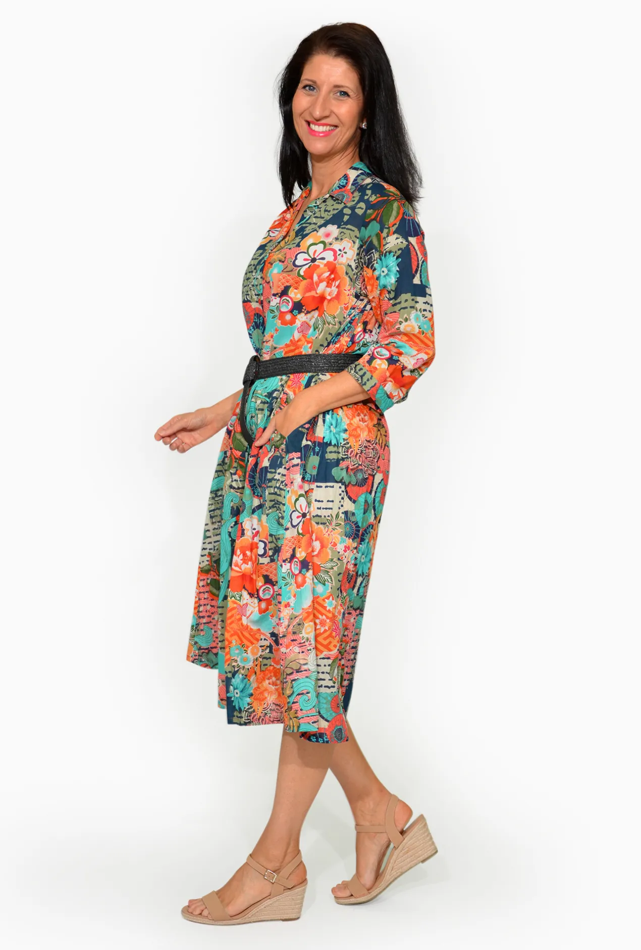 Orientique Leone Cotton 3/4 Sleeve Collar Dress in Blue Multi- Organic Cotton Clothing | Sleeved Dress