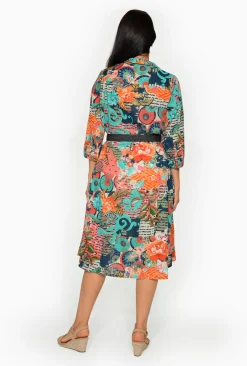 Orientique Leone Cotton 3/4 Sleeve Collar Dress in Blue Multi- Organic Cotton Clothing | Sleeved Dress