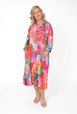 Orientique Leone Cotton Sleeve Collar Dress in Bright Pink- Long Sleeved Dresses | Organic Cotton Clothing