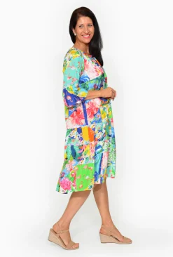 Escape Loretta Rayon Tassel Boho Shift Dress in Blue Tropics- Sleeved Dress