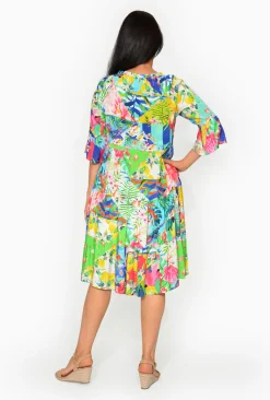 Escape Loretta Rayon Tassel Boho Shift Dress in Blue Tropics- Sleeved Dress