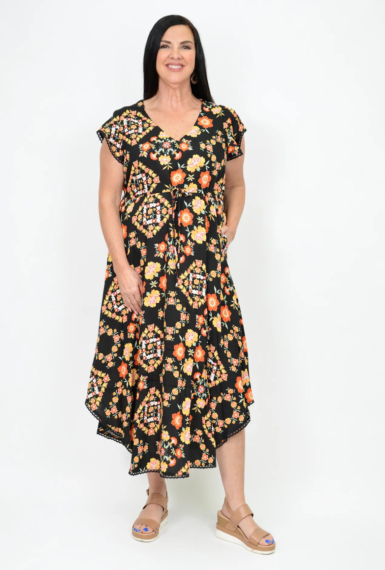 New U Collection Lulu Midi Dress in Picnic Floral Black- Midi Dresses | Long Dresses