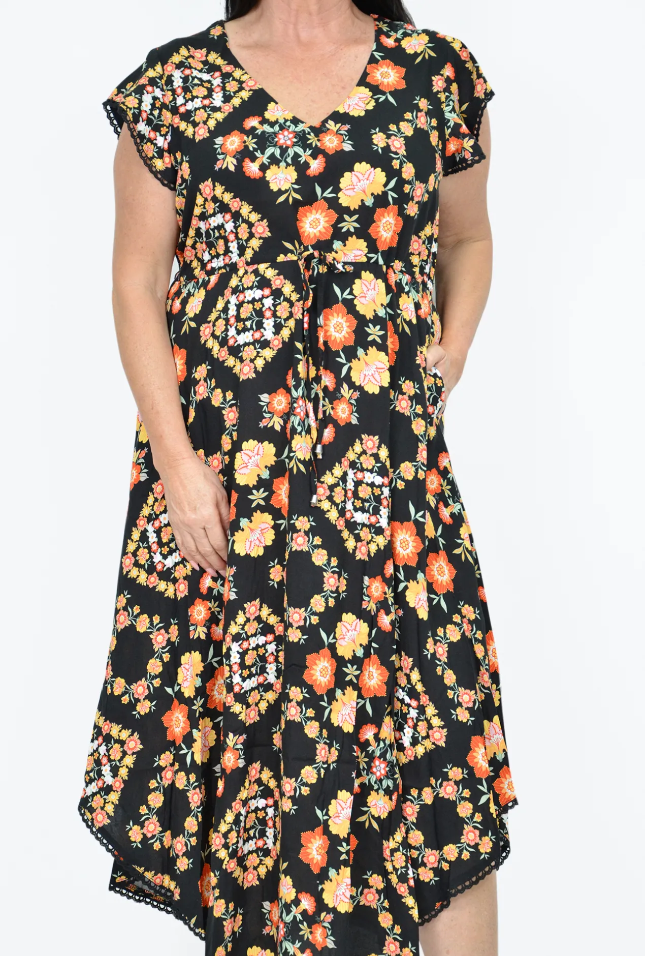 New U Collection Lulu Midi Dress in Picnic Floral Black- Midi Dresses | Long Dresses