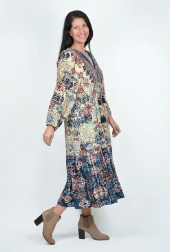 Orientique Maci Puff Sleeve Boho Maxi Dress in Blue Multi- Long Sleeved Dresses | Maxi Dresses