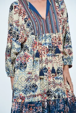 Orientique Maci Puff Sleeve Boho Maxi Dress in Blue Multi- Long Sleeved Dresses | Maxi Dresses