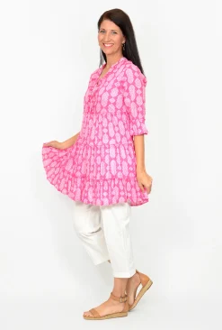 One Summer Maeve 3/4 Sleeve Tunic in Pink- Cotton Tops | 3/4 Sleeve Tops