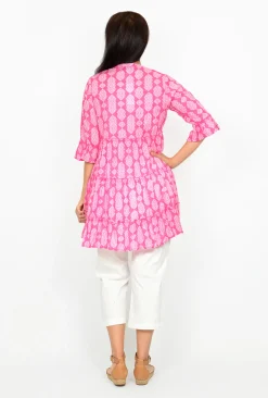 One Summer Maeve 3/4 Sleeve Tunic in Pink- Cotton Tops | 3/4 Sleeve Tops