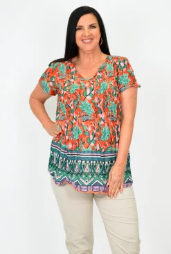 One Summer Maggie Short Sleeve Cotton Blouse in & Green- Cotton Tops | Short Sleeve Tops