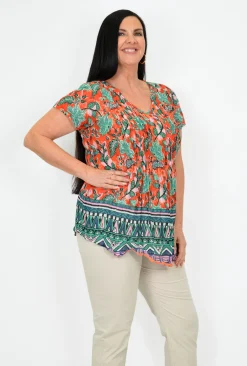 One Summer Maggie Short Sleeve Cotton Blouse in & Green- Cotton Tops | Short Sleeve Tops