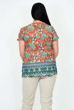 One Summer Maggie Short Sleeve Cotton Blouse in & Green- Cotton Tops | Short Sleeve Tops