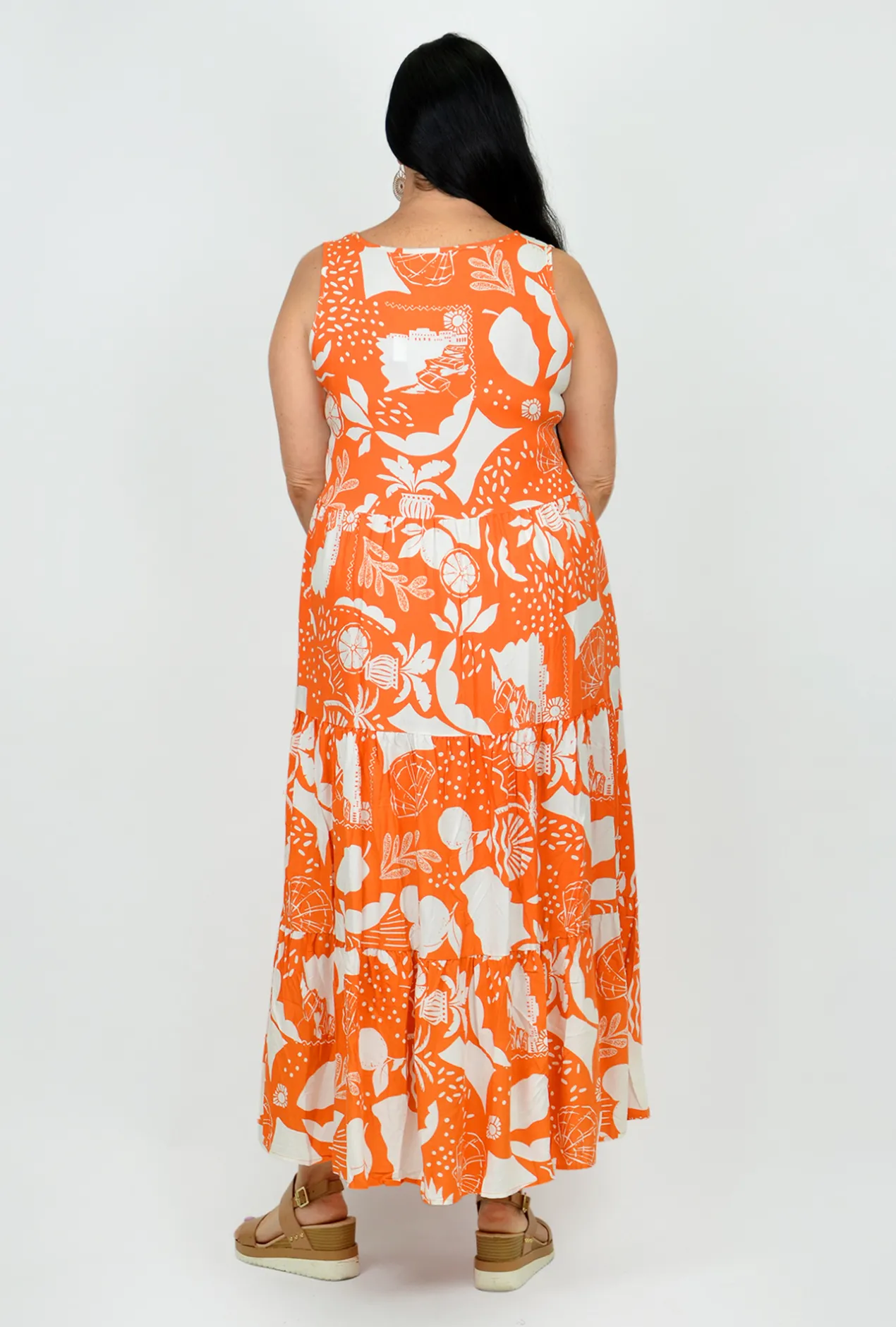 New U Collection Mandy Orange Sleeveless Print Dress- Sleeveless Dresses | Maxi Dresses
