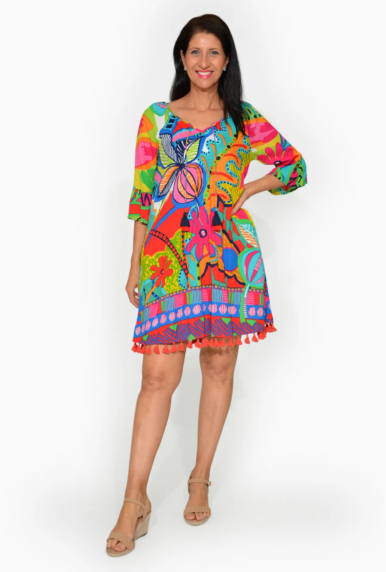 Orientique Marie Rayon Tassel Dress in Multicolour- Above Knee Dresses | Sleeved Dress