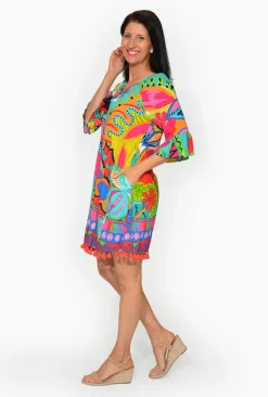 Orientique Marie Rayon Tassel Dress in Multicolour- Above Knee Dresses | Sleeved Dress