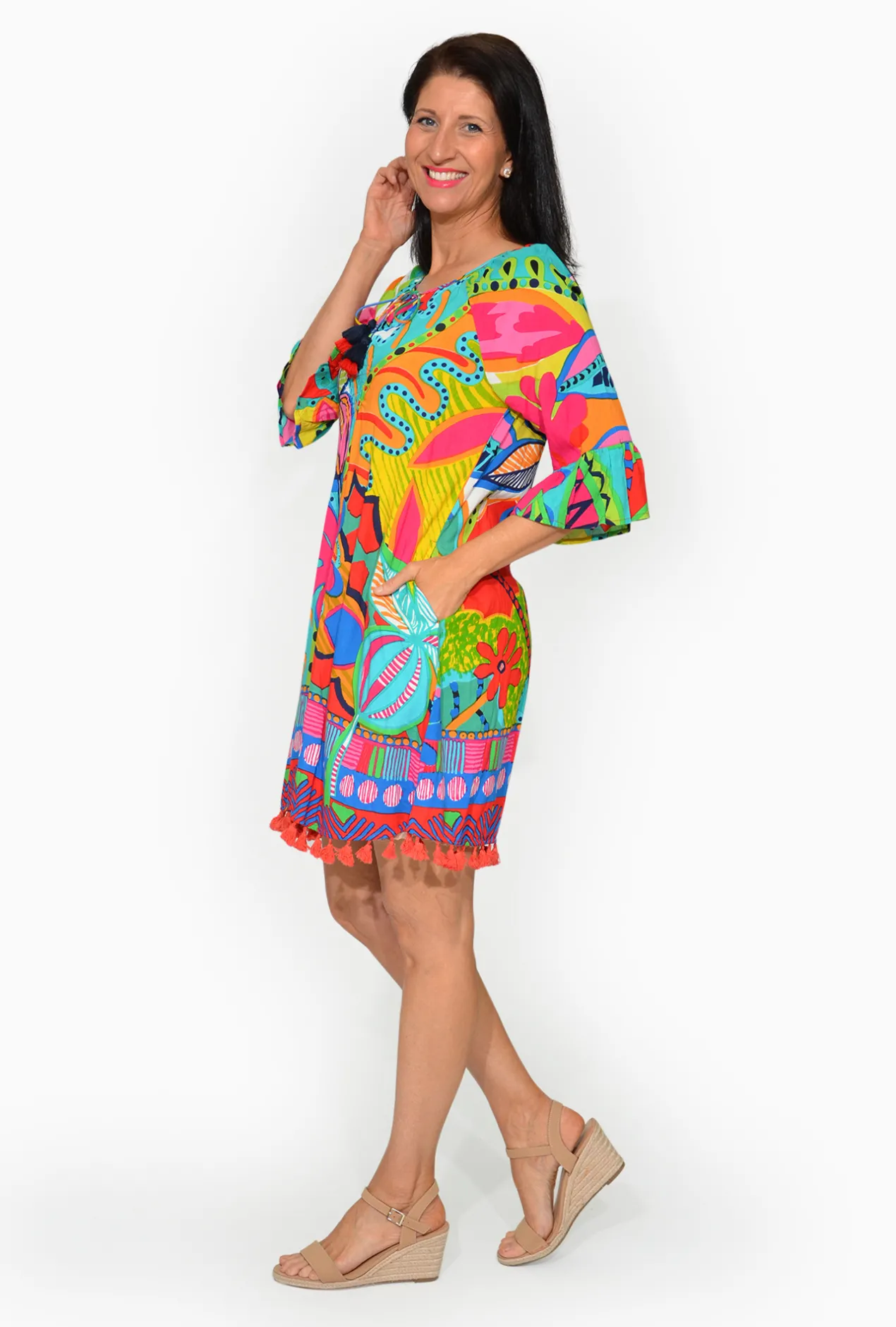 Orientique Marie Rayon Tassel Dress in Multicolour- Above Knee Dresses | Sleeved Dress