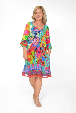 Orientique Marie Rayon Tassel Dress in Multicolour- Above Knee Dresses | Sleeved Dress