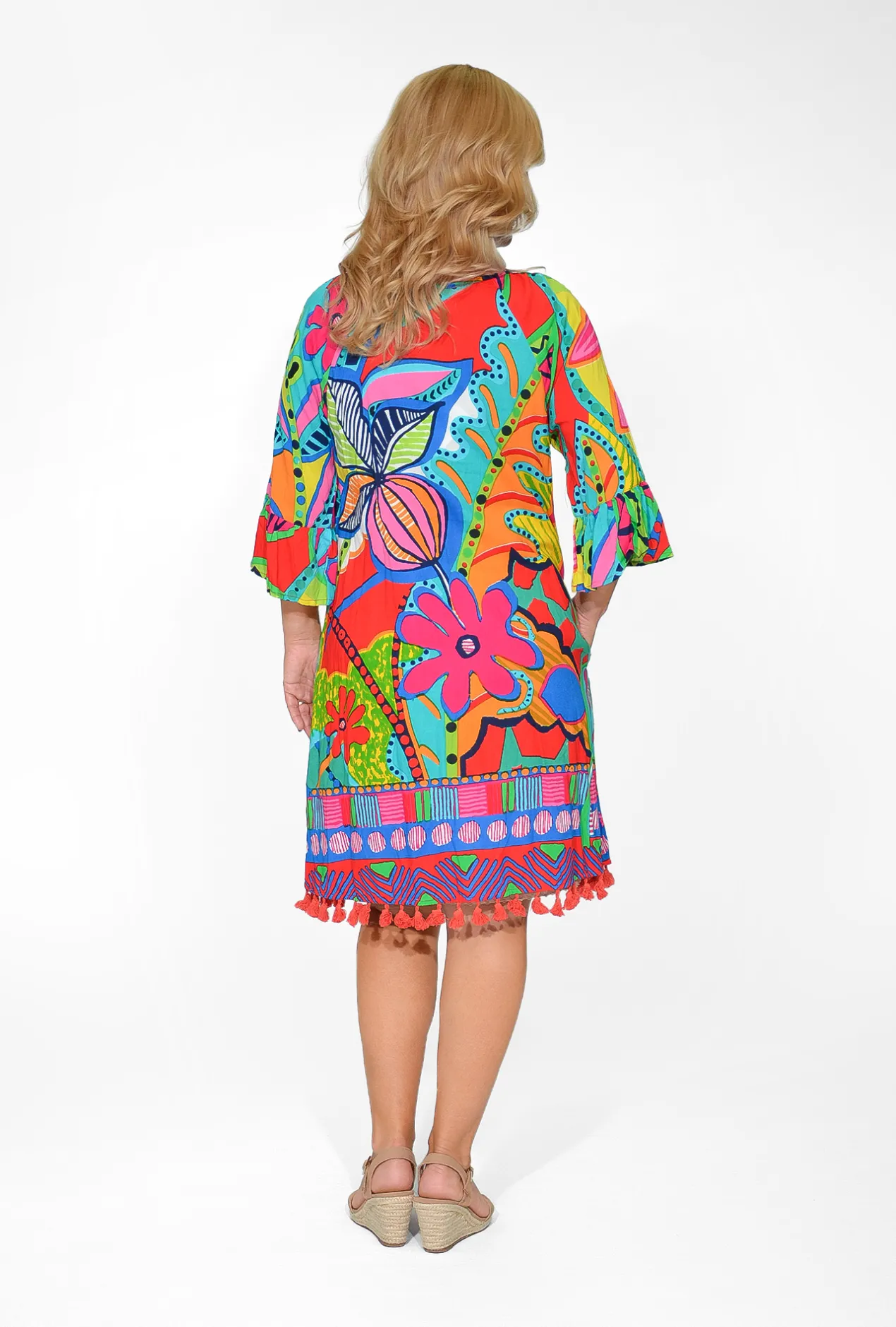 Orientique Marie Rayon Tassel Dress in Multicolour- Above Knee Dresses | Sleeved Dress