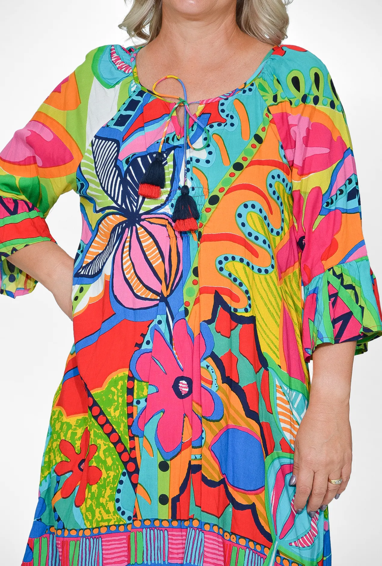 Orientique Marie Rayon Tassel Dress in Multicolour- Above Knee Dresses | Sleeved Dress