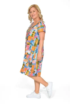 One Summer Marla Cotton Short Sleeve Cap Dress in Abstract- Short Sleeved Dresses | Cotton Dresses