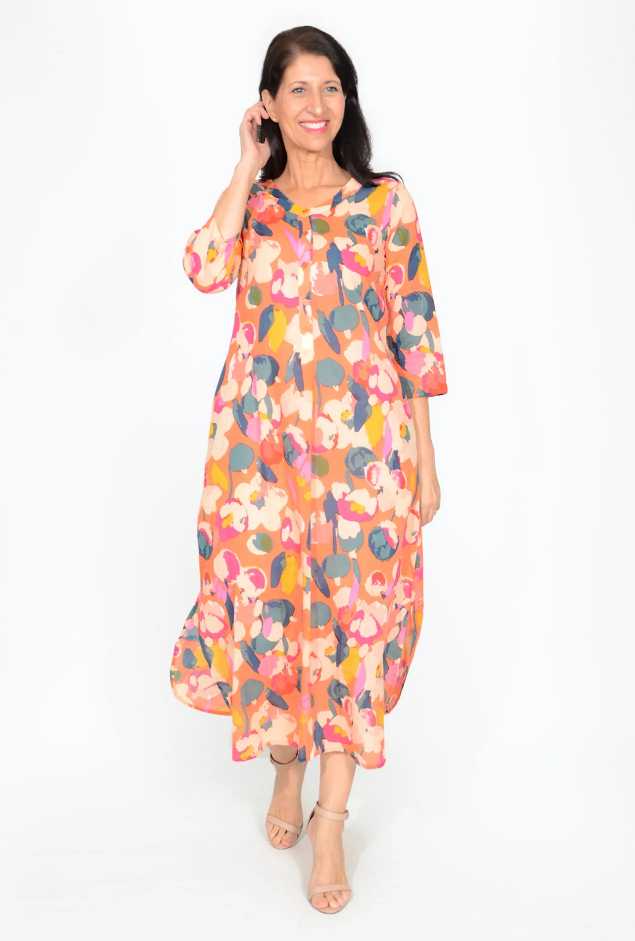 One Summer Maxine 3/4 Sleeve Cotton Maxi Dress in- Long Sleeved Dresses | Cotton Dresses