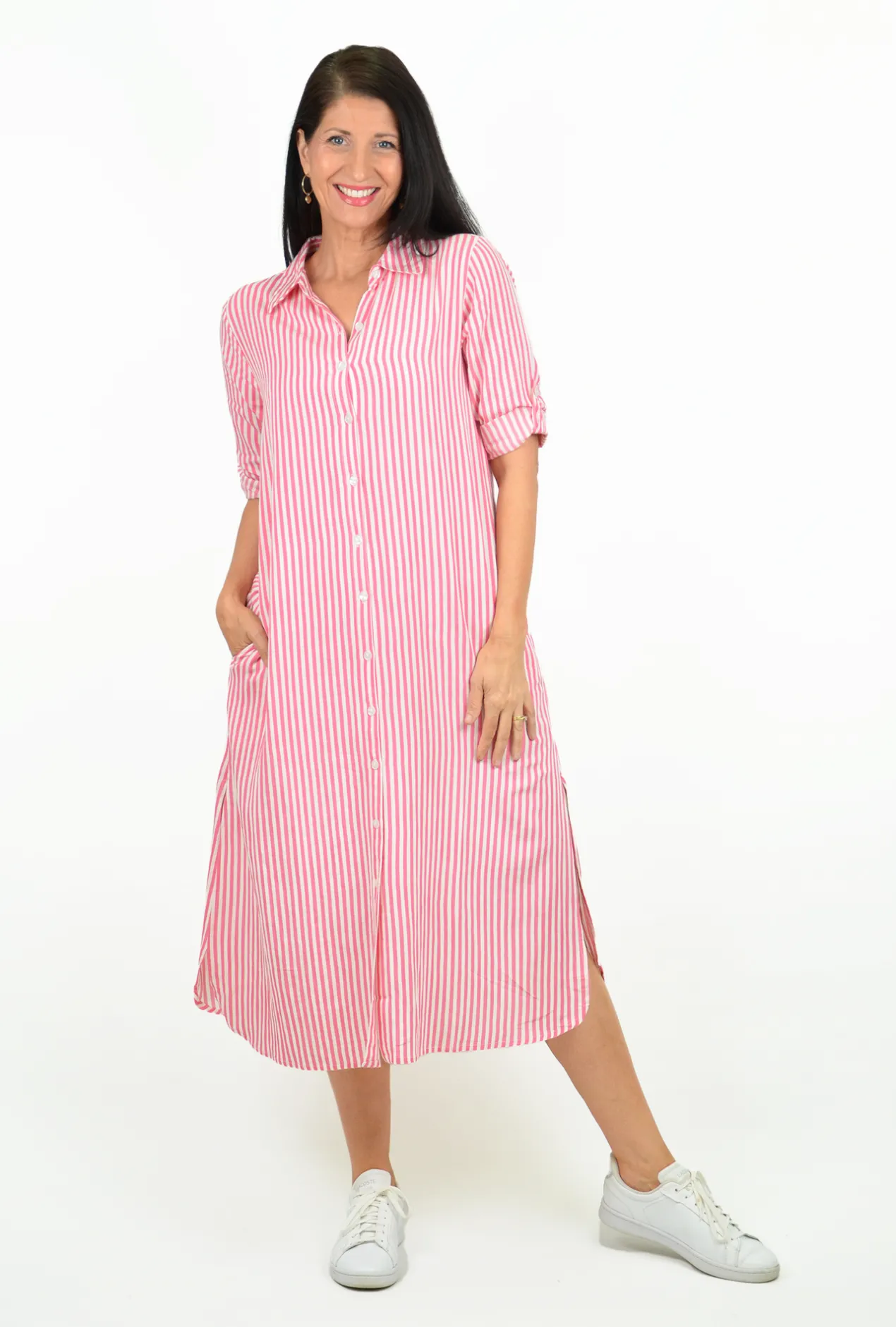 One Summer Megan Collared Button Down Midi Dress in Pink Lemonade- Long Sleeved Dresses | Midi Dresses