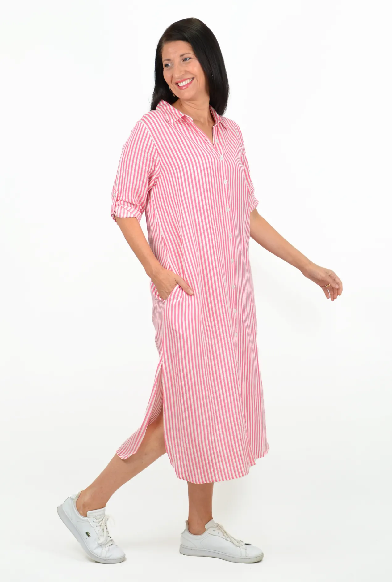 One Summer Megan Collared Button Down Midi Dress in Pink Lemonade- Long Sleeved Dresses | Midi Dresses